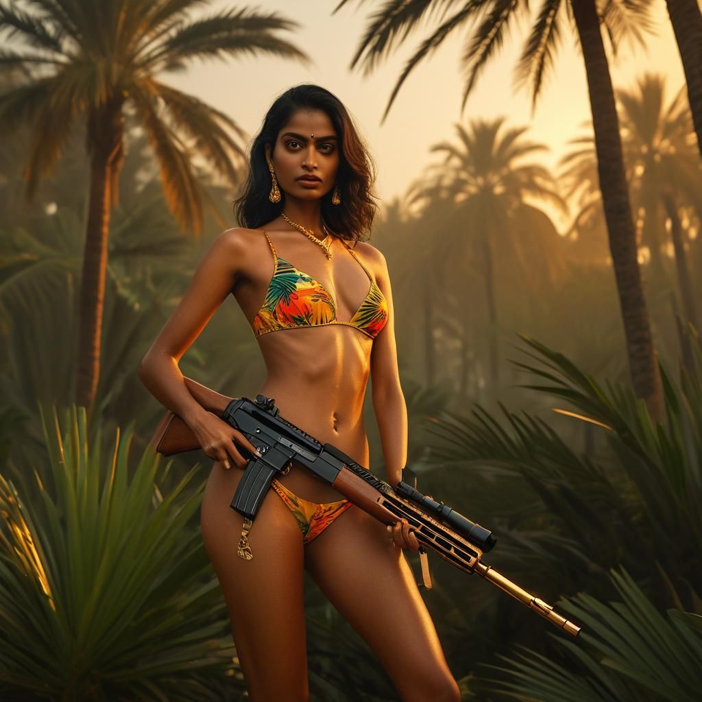 Exotic Woman with Rifle in Vibrant Golden Light