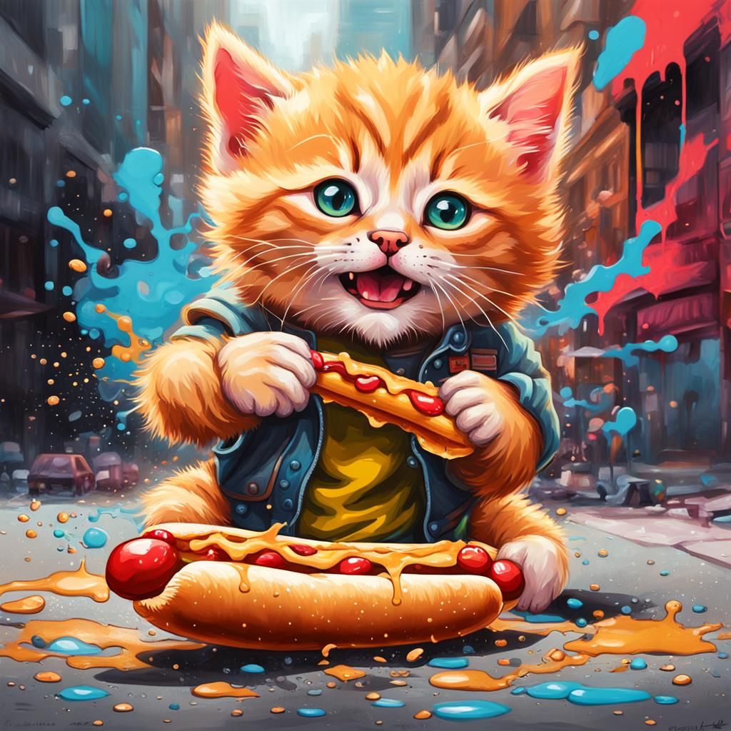 Ginger Kitten and Hotdog in Graffiti Art