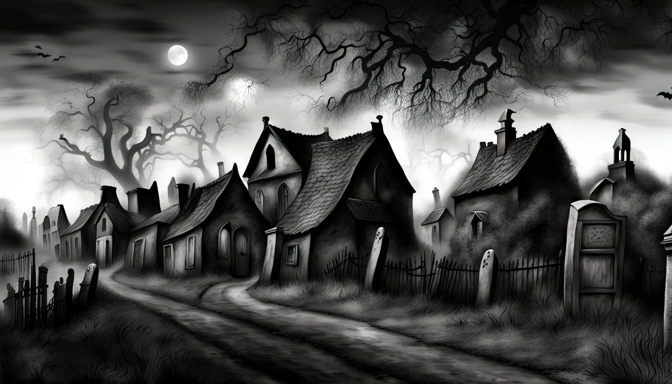 Haunted Village with Cemetery Under Full Moon