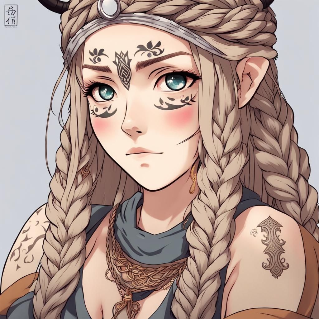 Viking Woman with Braids in Anime Style