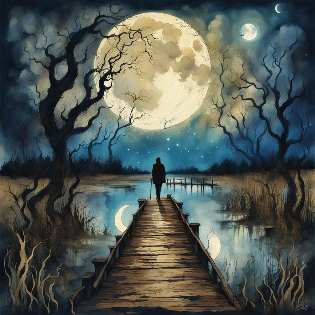 Ethereal Moonlit Swamp: Surreal Ink Illustration