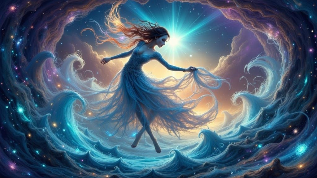 Mystical Being in Swirling Vortex with Aurora Lights