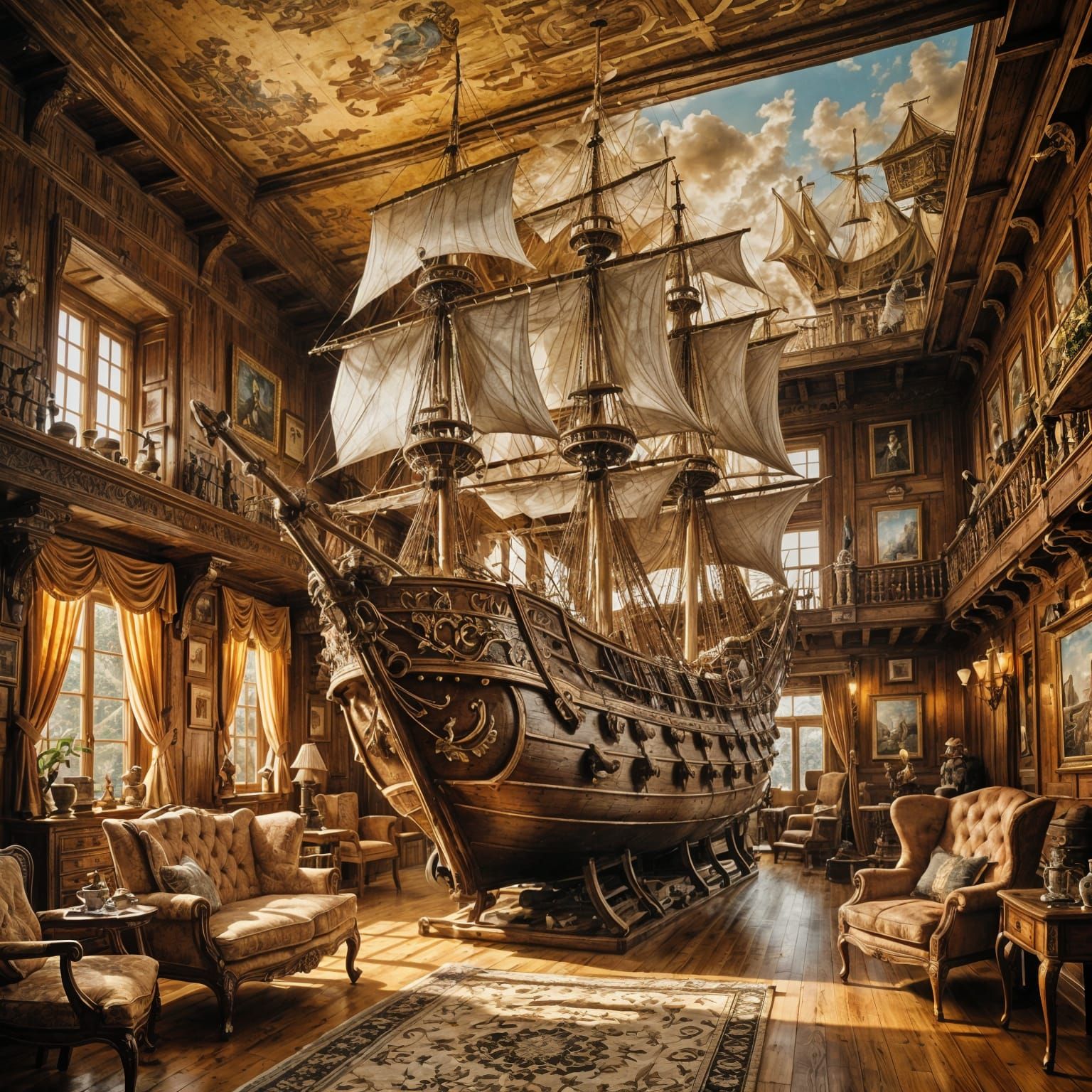 Galleon in Victorian Parlor, Meticulously Detailed