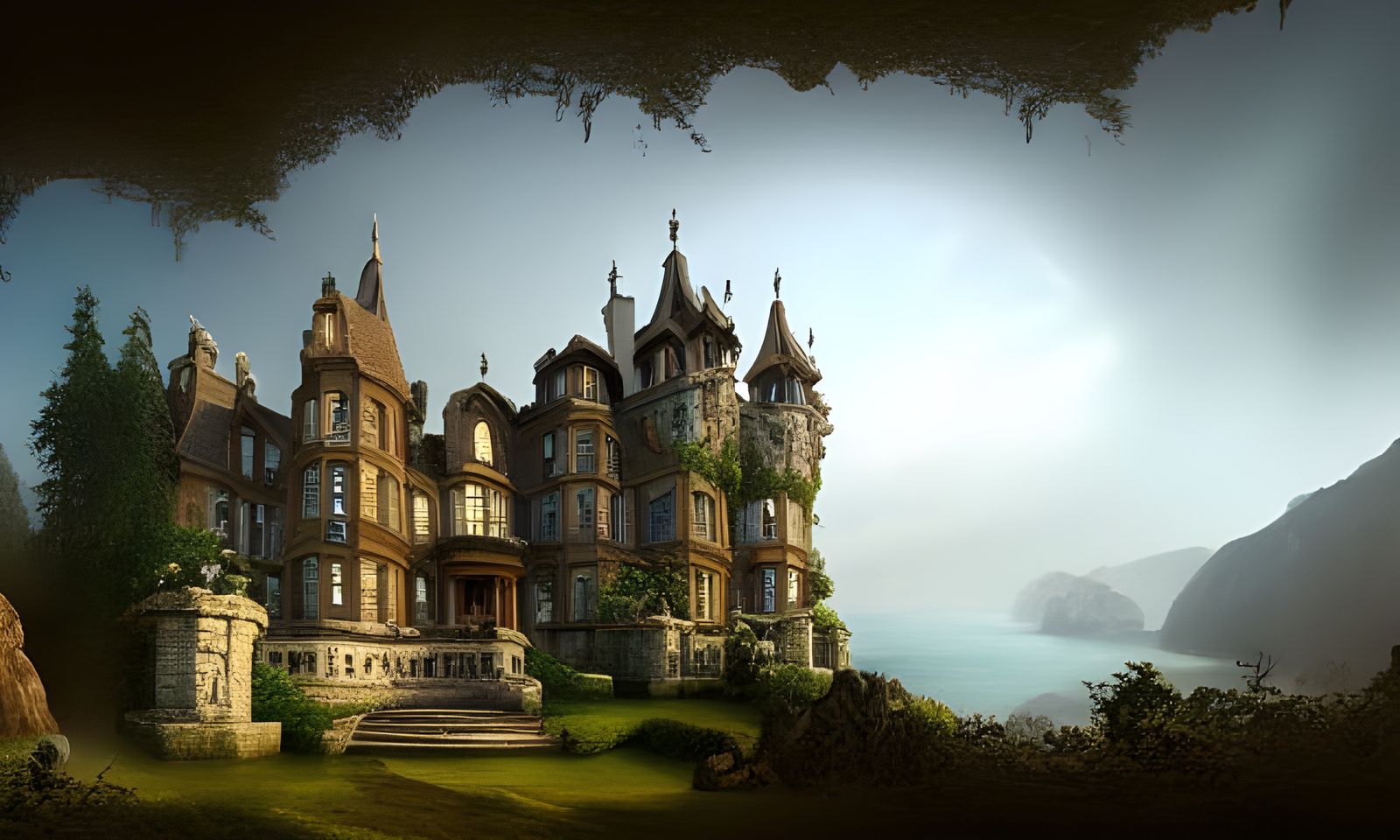 Cliffside Gothic Mansion: Detailed Matte Painting