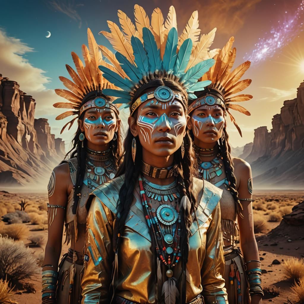 Three-Eyed People in Surreal Native Alien Landscape