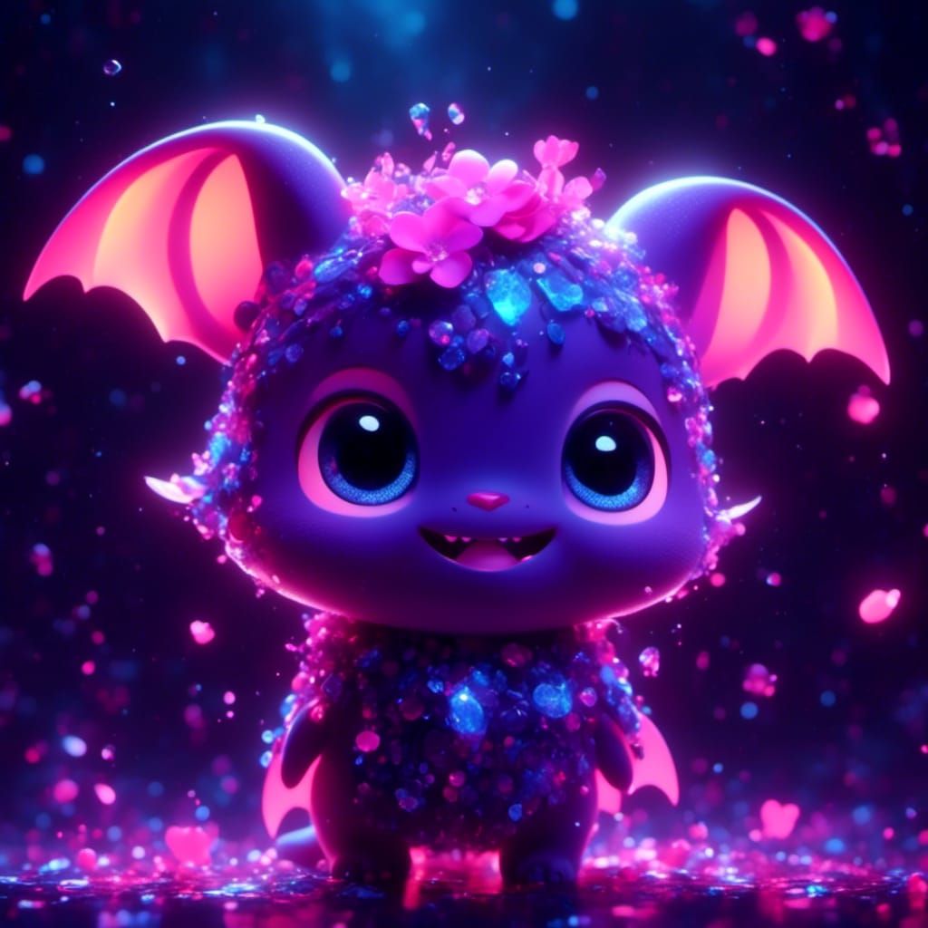 Cute Horned Bat with Neon Lights, 3D Digital Art
