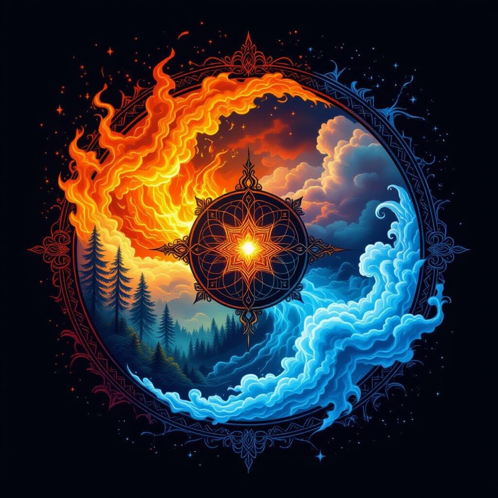 Mystical Elemental Wheel with Fire, Earth, Water, Air