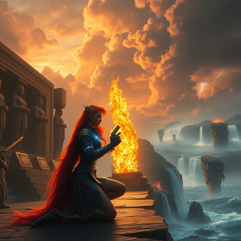 Warrior Princess Before Golden Flame in Ancient Temple