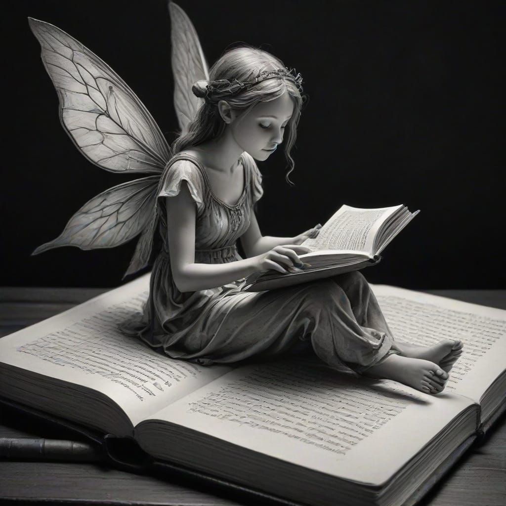Thoughtful Fairy Reading: Hyperdetailed Charcoal Drawing
