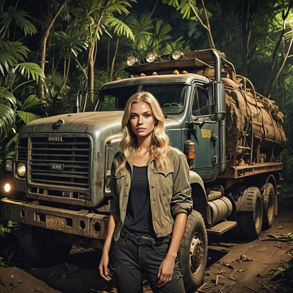 Girl Posing with Diesel Truck in Jungle