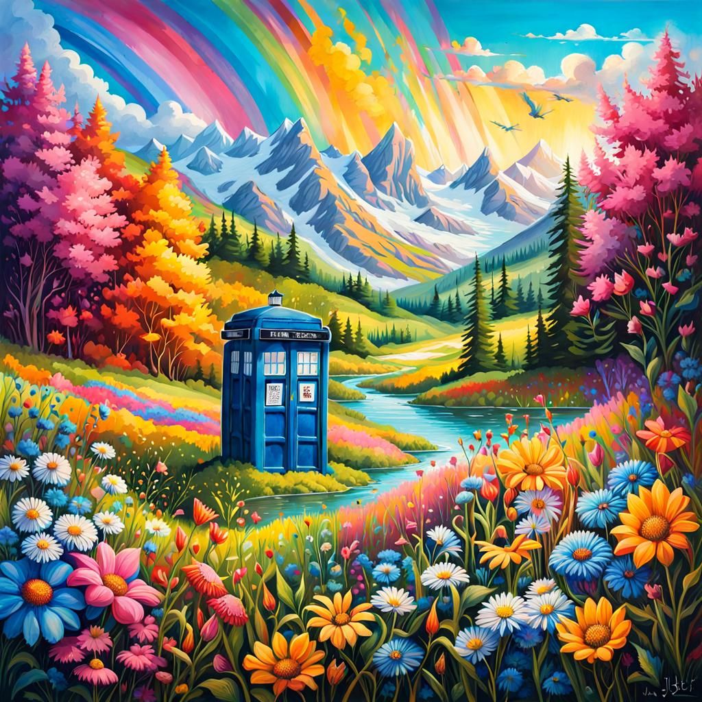 Rainbows and Unicorns in Flower Meadow, Watercolor Art