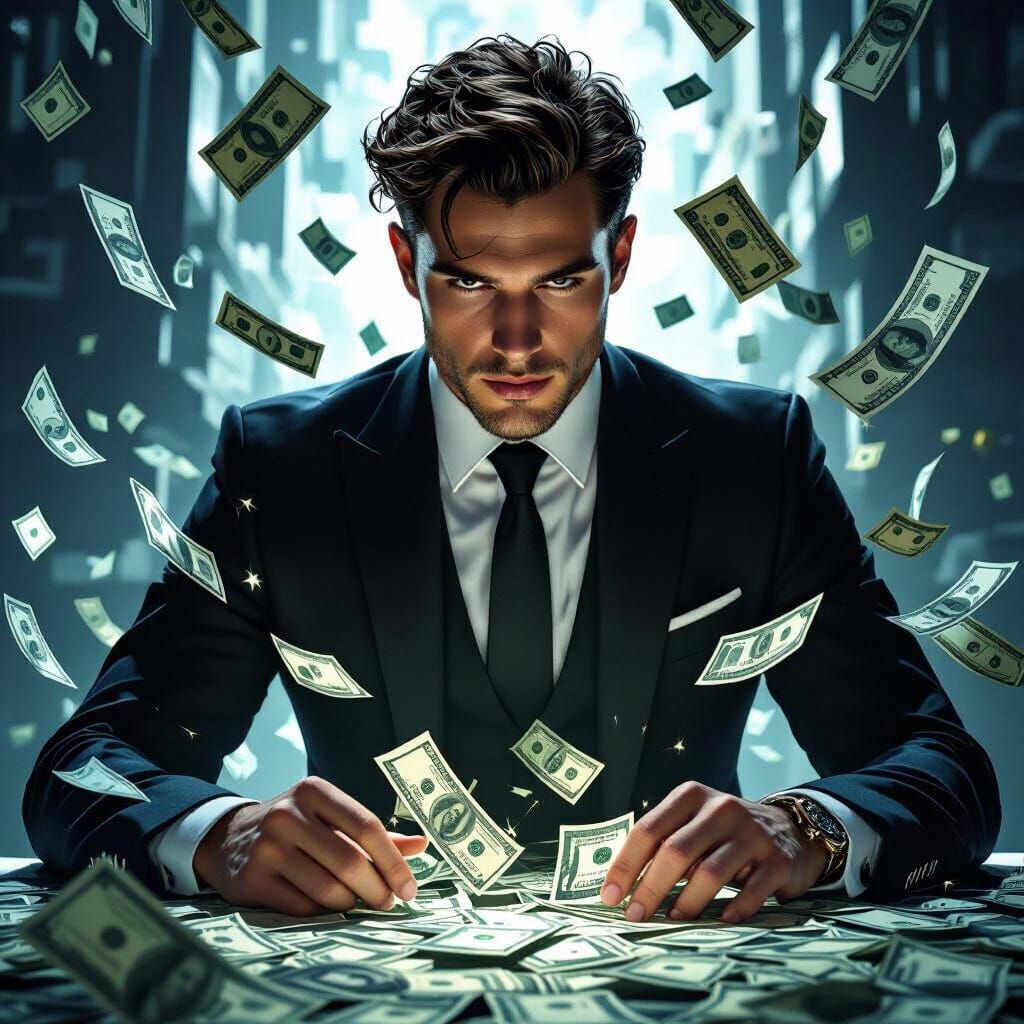 Excited Man Surrounded by Cash in Futuristic Style