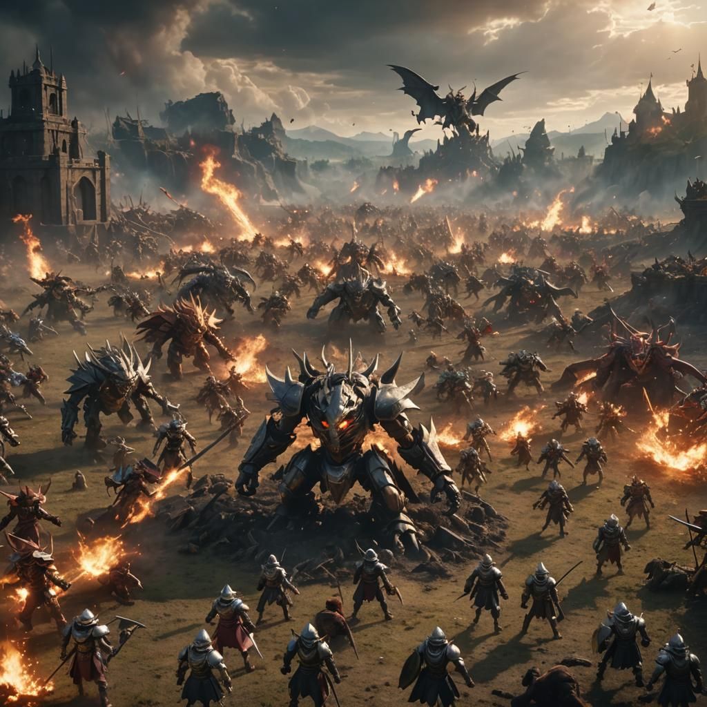 Epic Fantasy Battle Scene: Dark Armies Clash on Smoldering R...