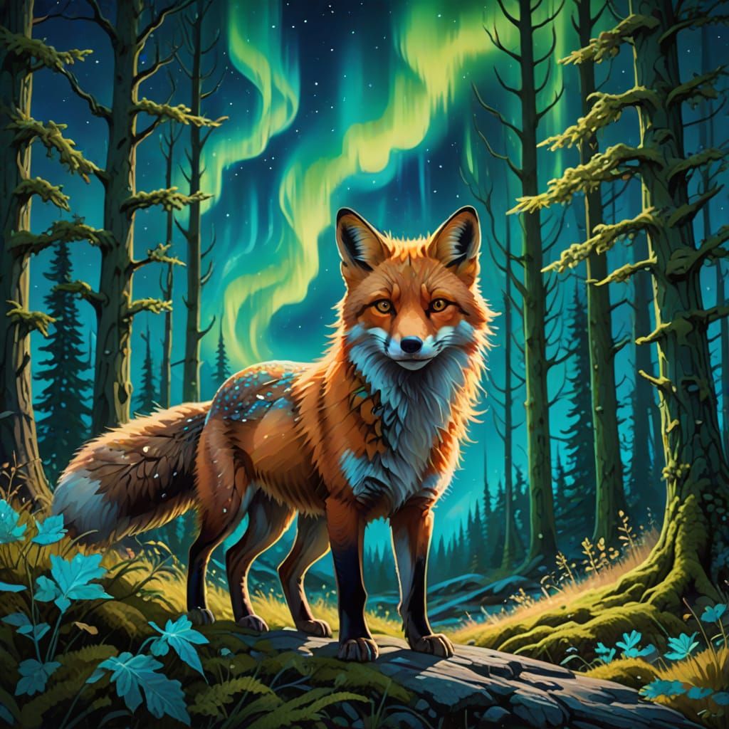 Mystical Fox Runs Under Aurora Borealis In Vibrant Digital A...