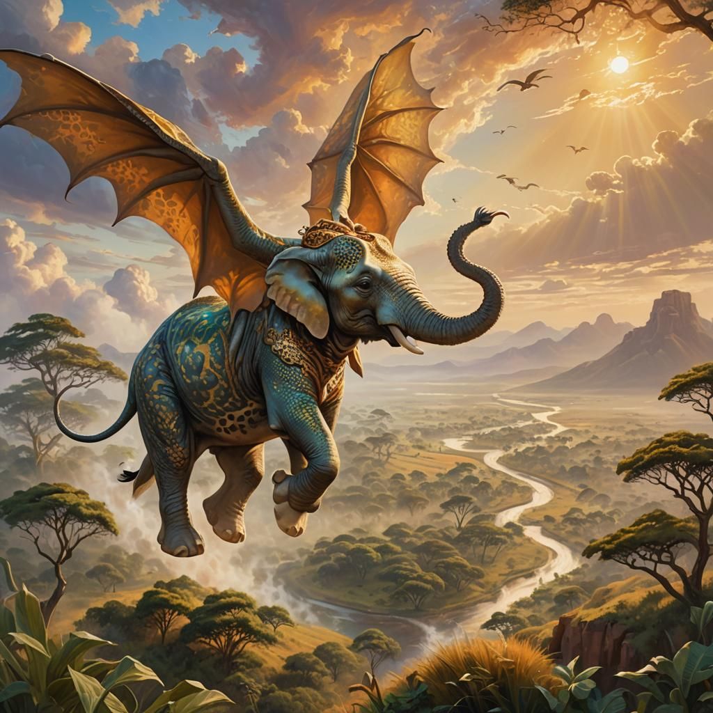 African Dragon Flies Over Savannah in Oil Painting Style