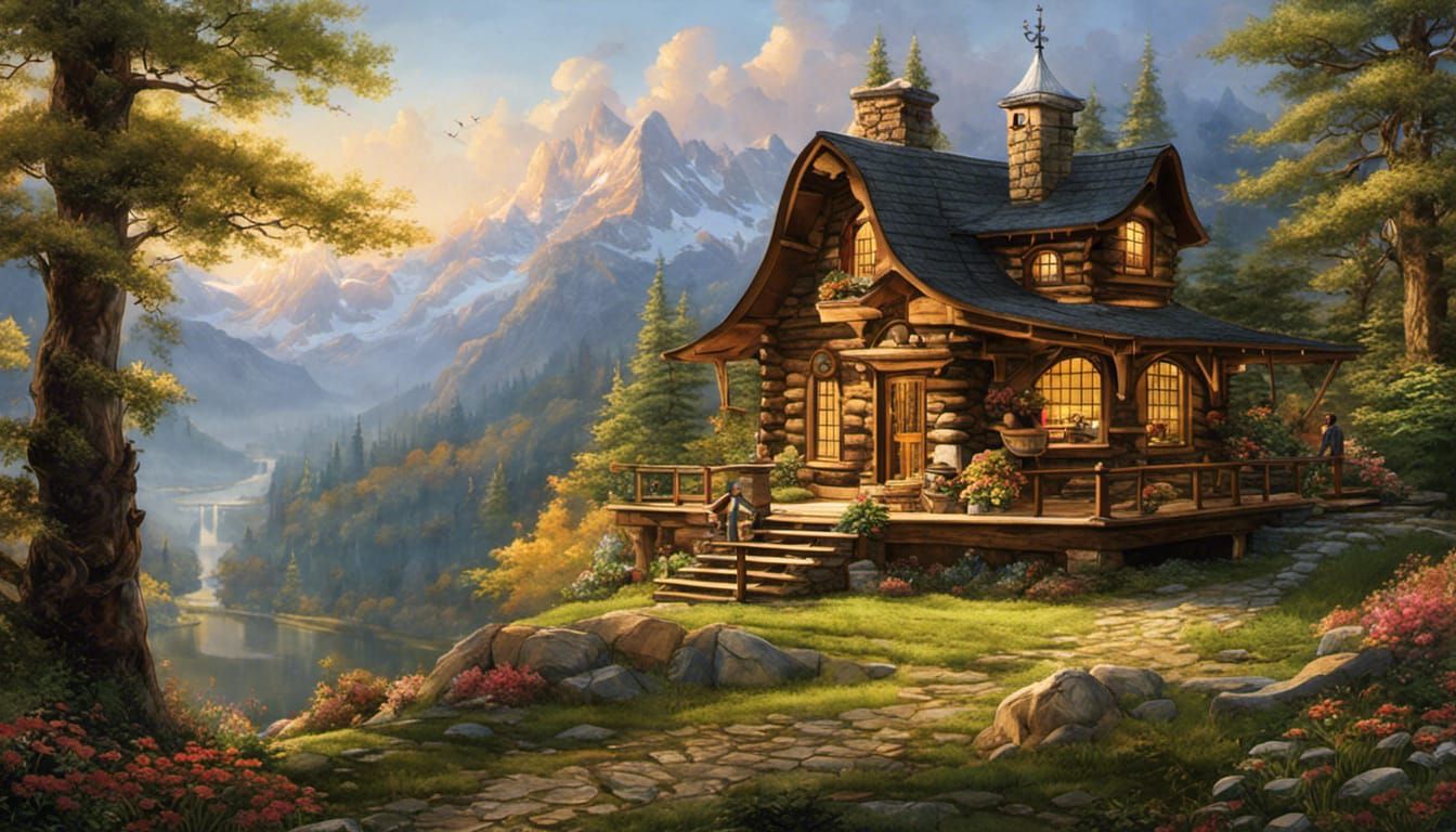 Cozy Log Cabin in Mountain Forest: Hyperrealistic Oil Painti...