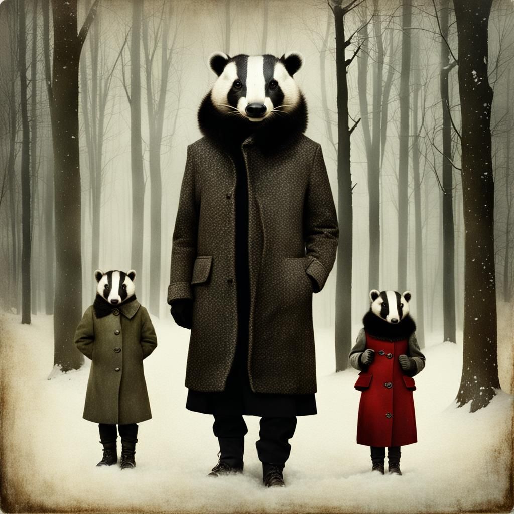 Badgers in a Winter Woods Scene in Expressionist Style