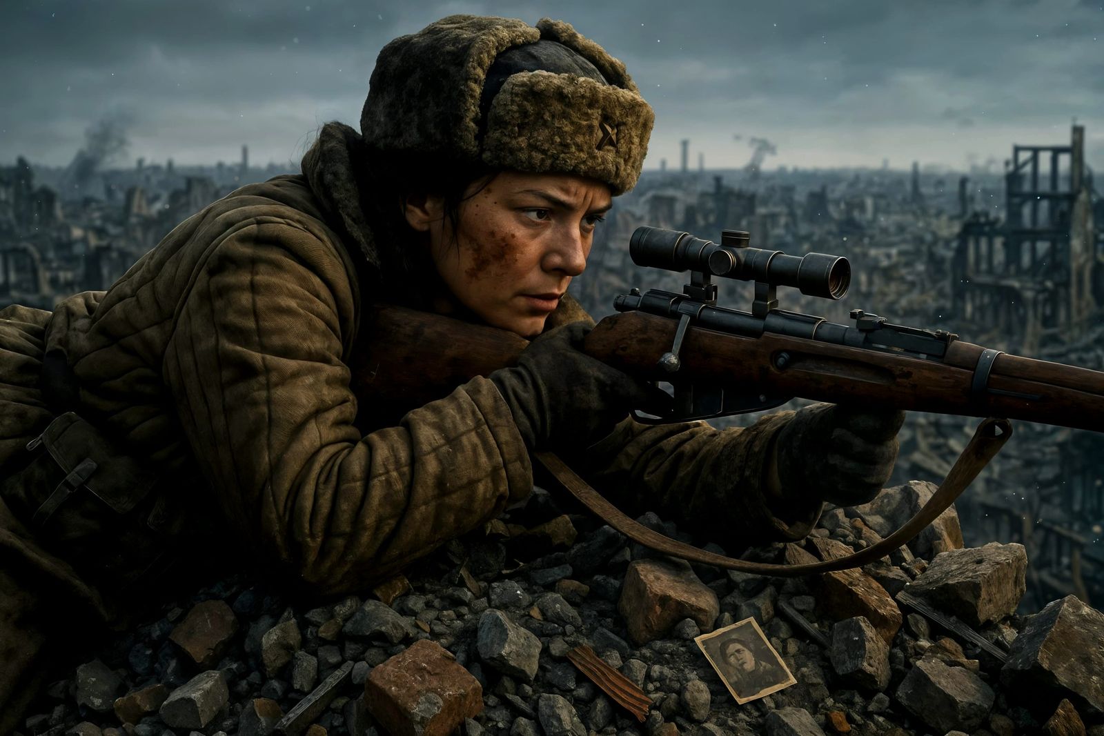 WWII Soviet Sniper in War-Torn Cityscape