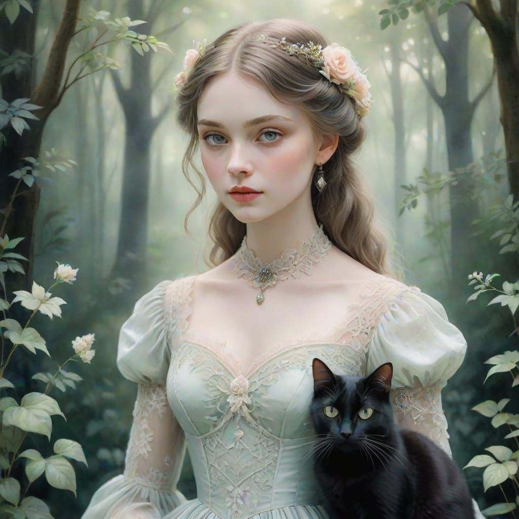 Victorian Girl with Black Cat in Watercolor Style