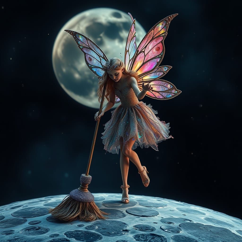 Cosmic Fairy Sweeps Moon Surface in Whimsical HDR
