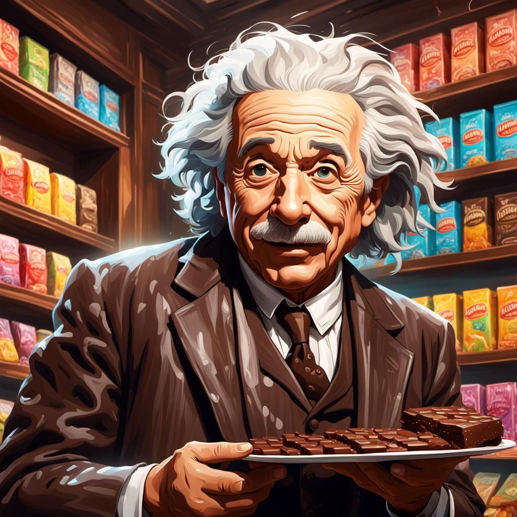 Einstein Covered in Chocolate Sauce, Hyperdetailed Portrait