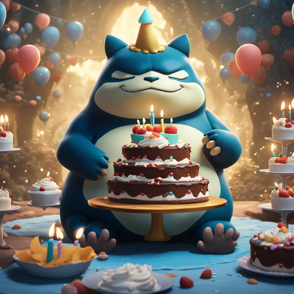 Giant Snorlax Eating Birthday Cake, Detailed Matte Painting
