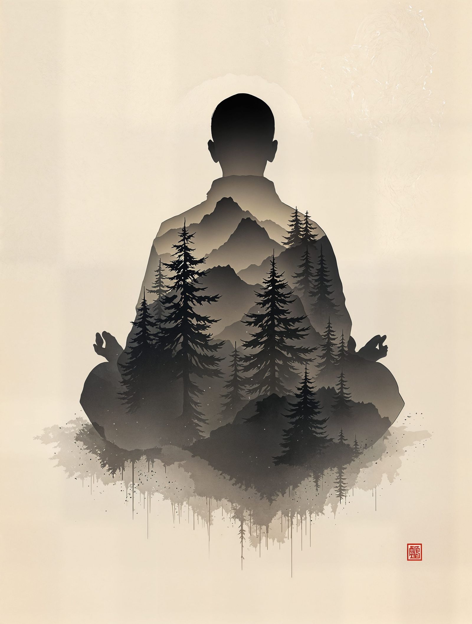 Meditating Figure in Monochromatic Sumi-e Ink Wash Style