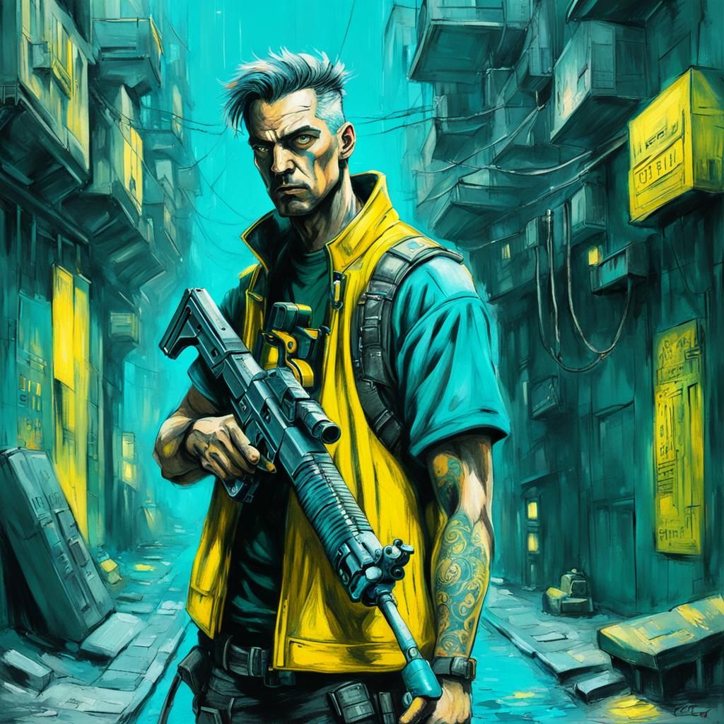Cyberpunk Assassin in Teal and Yellow Alley