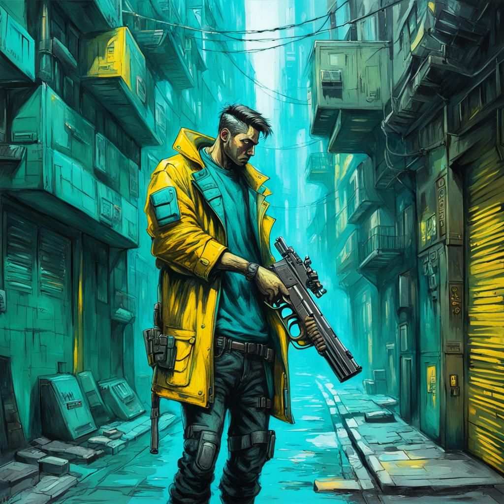 Cyberpunk Assassin in a Teal Alley