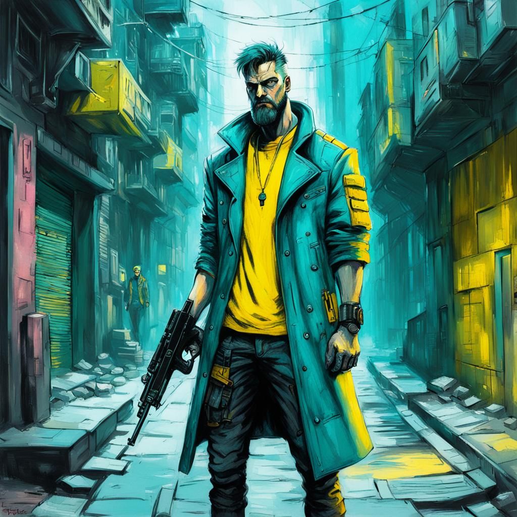 Cyberpunk Assassin in Teal and Yellow Alley