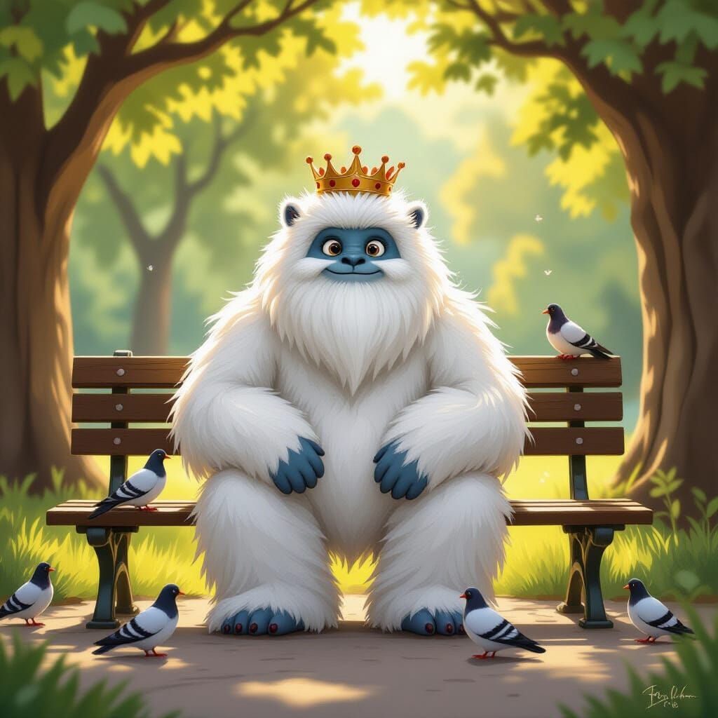 Fluffy Yeti King Relaxing on Park Bench