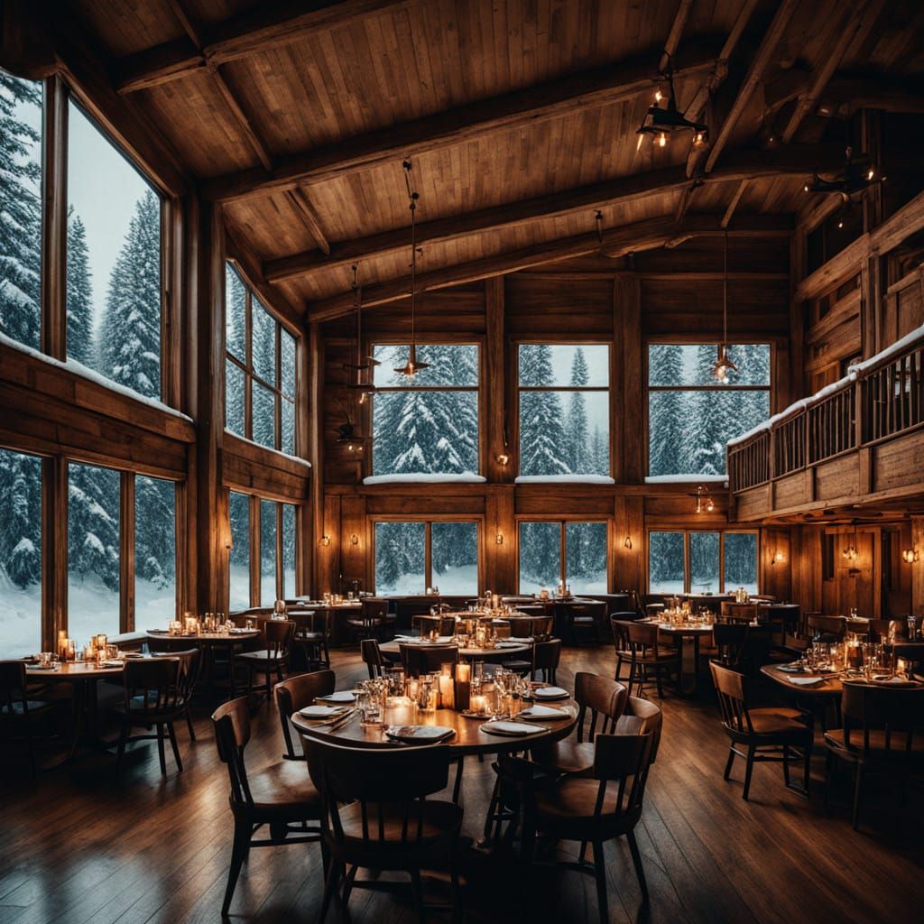 Warm Cabin Dining Hall in a Dramatic, Snowy Setting
