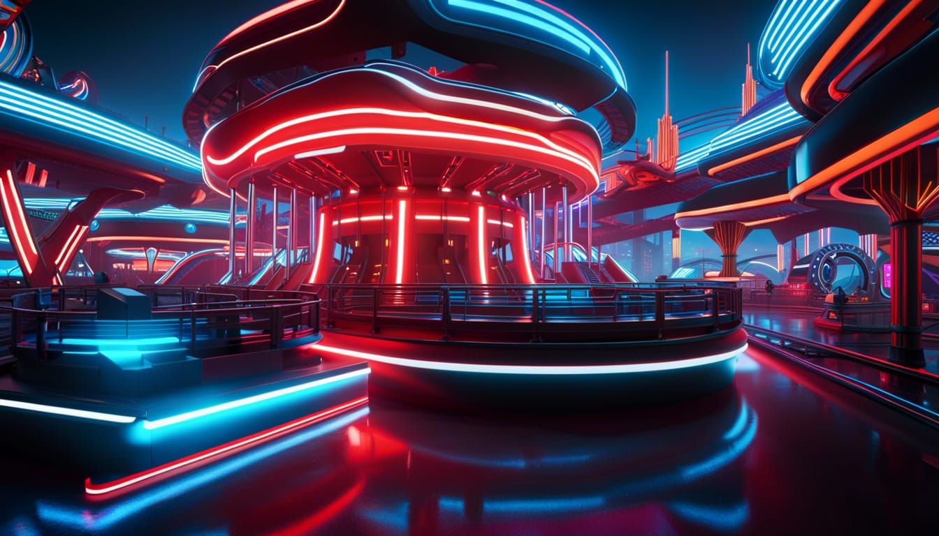 Tron Theme Park with Neon Lights in Cyberpunk Style