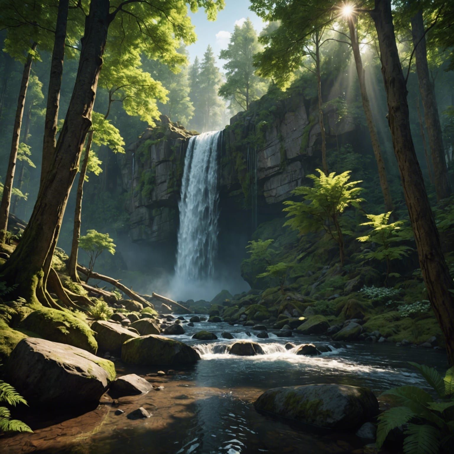 Sunlit Waterfall in Forest: Detailed Matte Painting