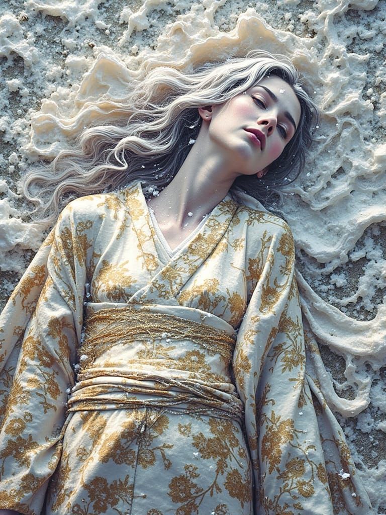 Woman in Golden Kimono Amidst Snowfall