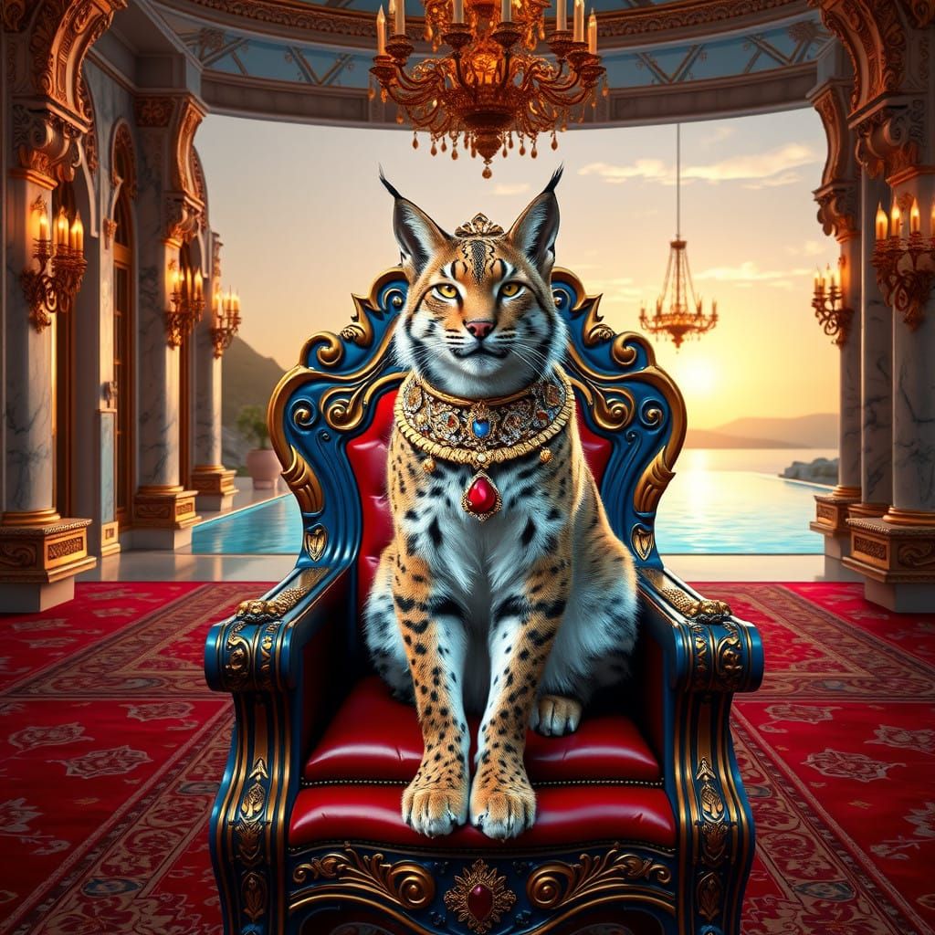 Luxurious Throne Scene with Regal Eurasian Lynx in Gold and...