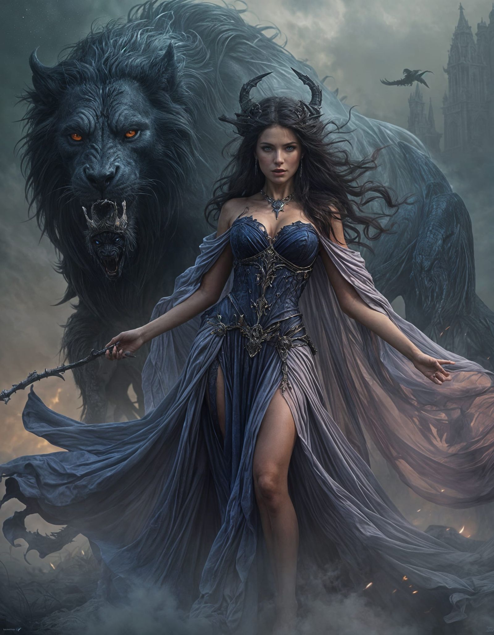Ancient Sorceress Guarded by Beast in the Night