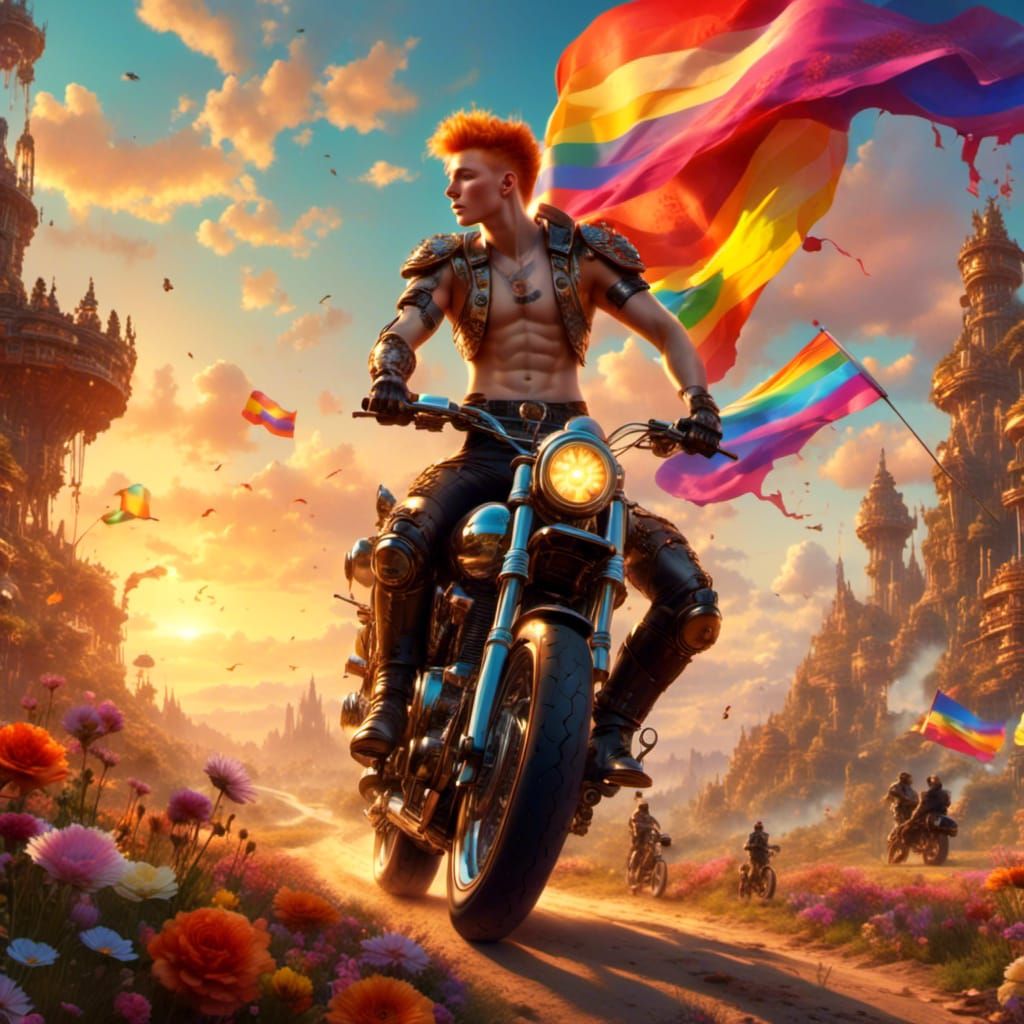 Biker Rides into Sunset with Pride Flag