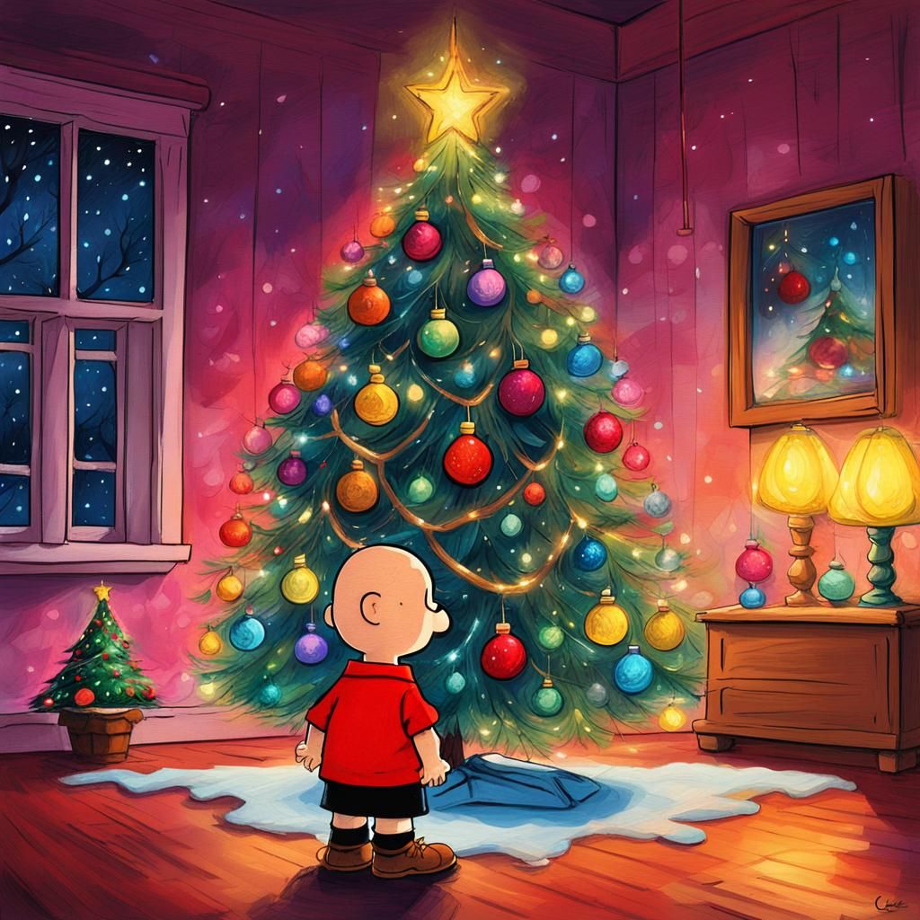 Charlie Brown and Christmas Tree in Oil Painting Style