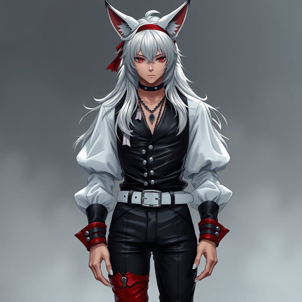 Gothic Anime Hero in Red and Black Attire with Fennec Fox Ea...