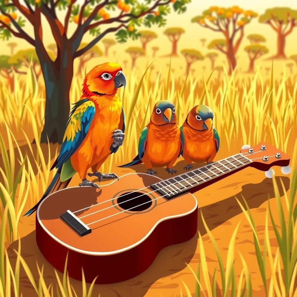 Sun Conures Play Ukulele in Whimsical Savannah Landscape
