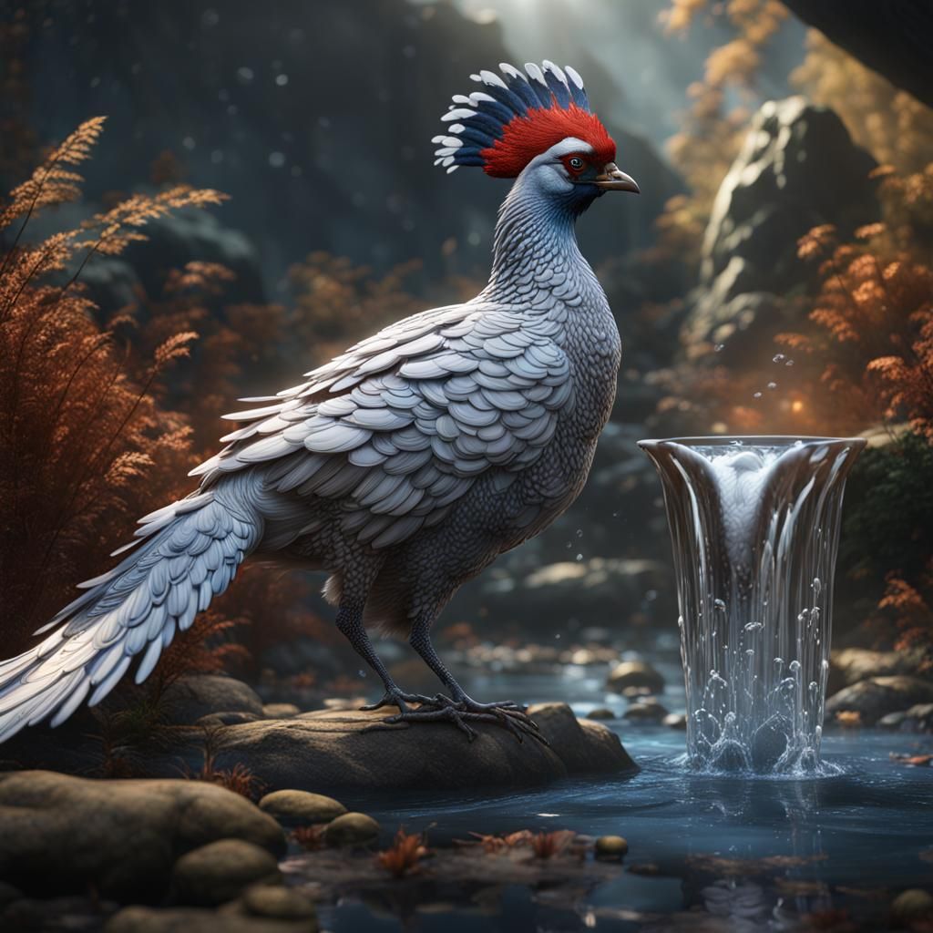 Silver Pheasant Drinking: Detailed Matte Painting