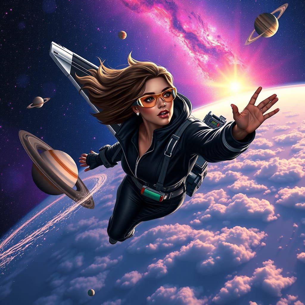 Galactic Woman Soaring Through Space in Sci-Fi Art