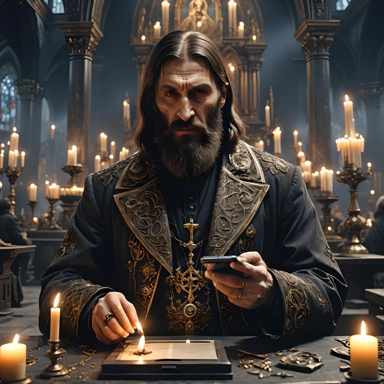 Hyperrealistic Rasputin Portrait in Sci-Fi Church