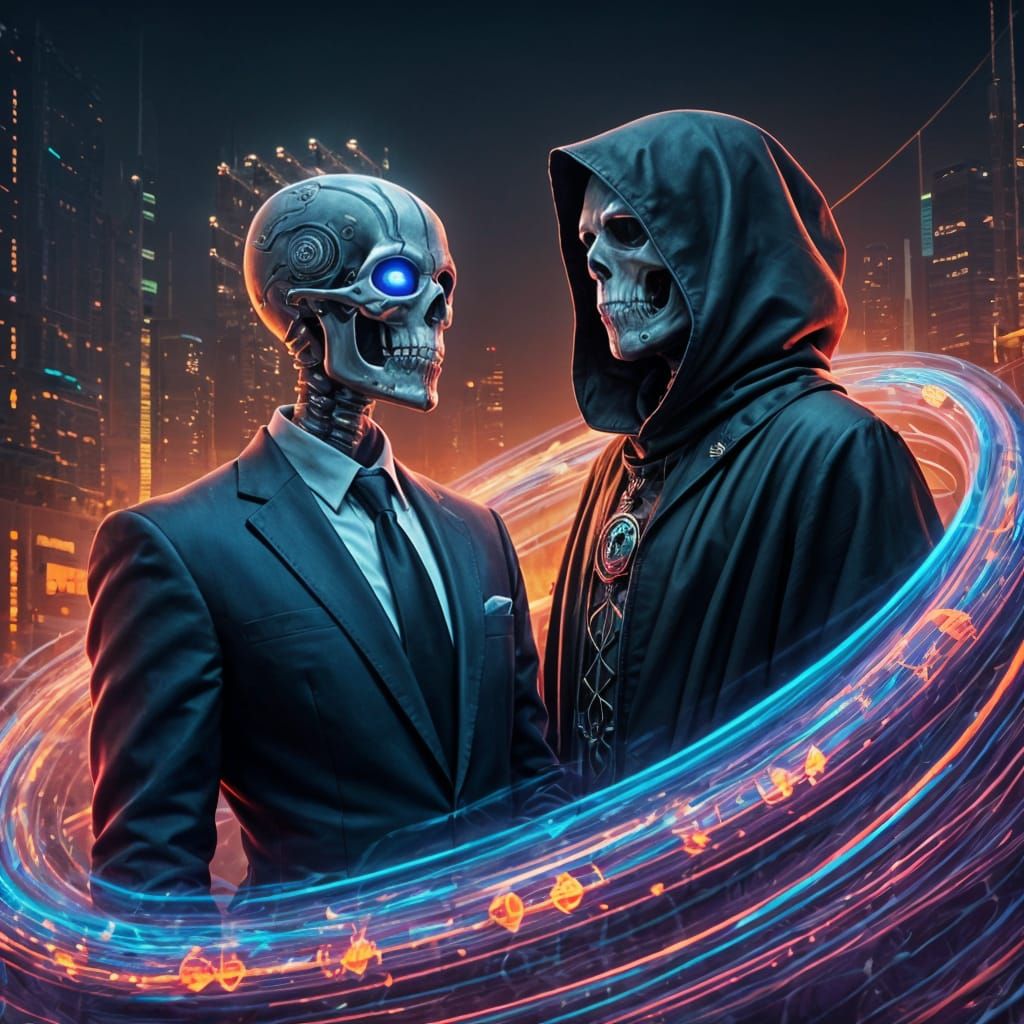 Cyberpunk Grim Reaper Meeting on River of Souls