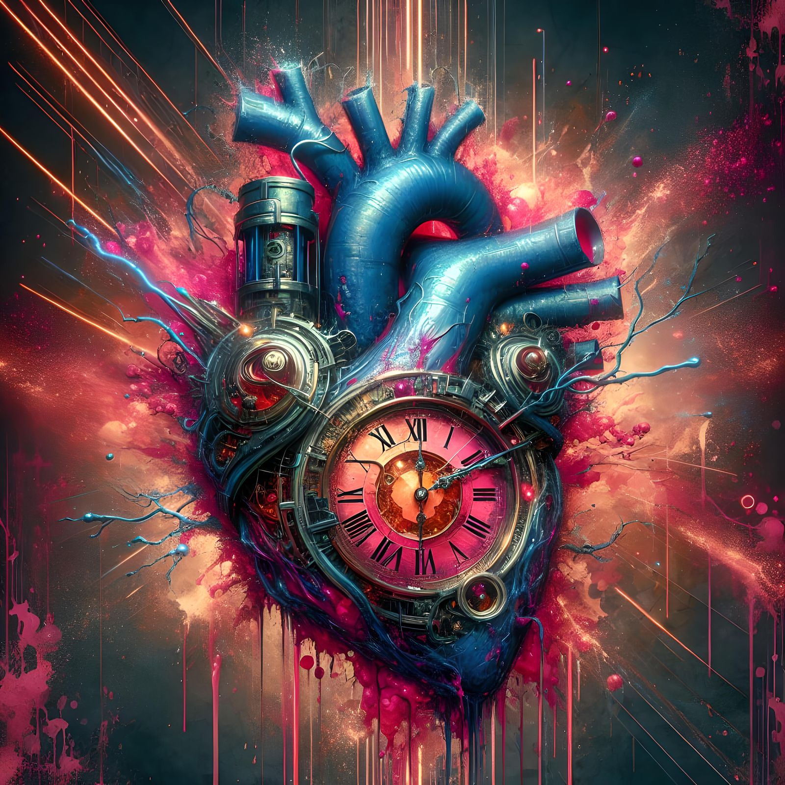 Cyberpunk Heart Tattoo with Ancient Clock