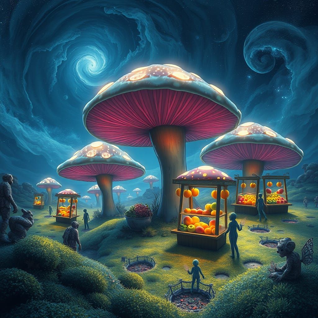 Bioluminescent Mushroom Farmstands in Surreal Landscape