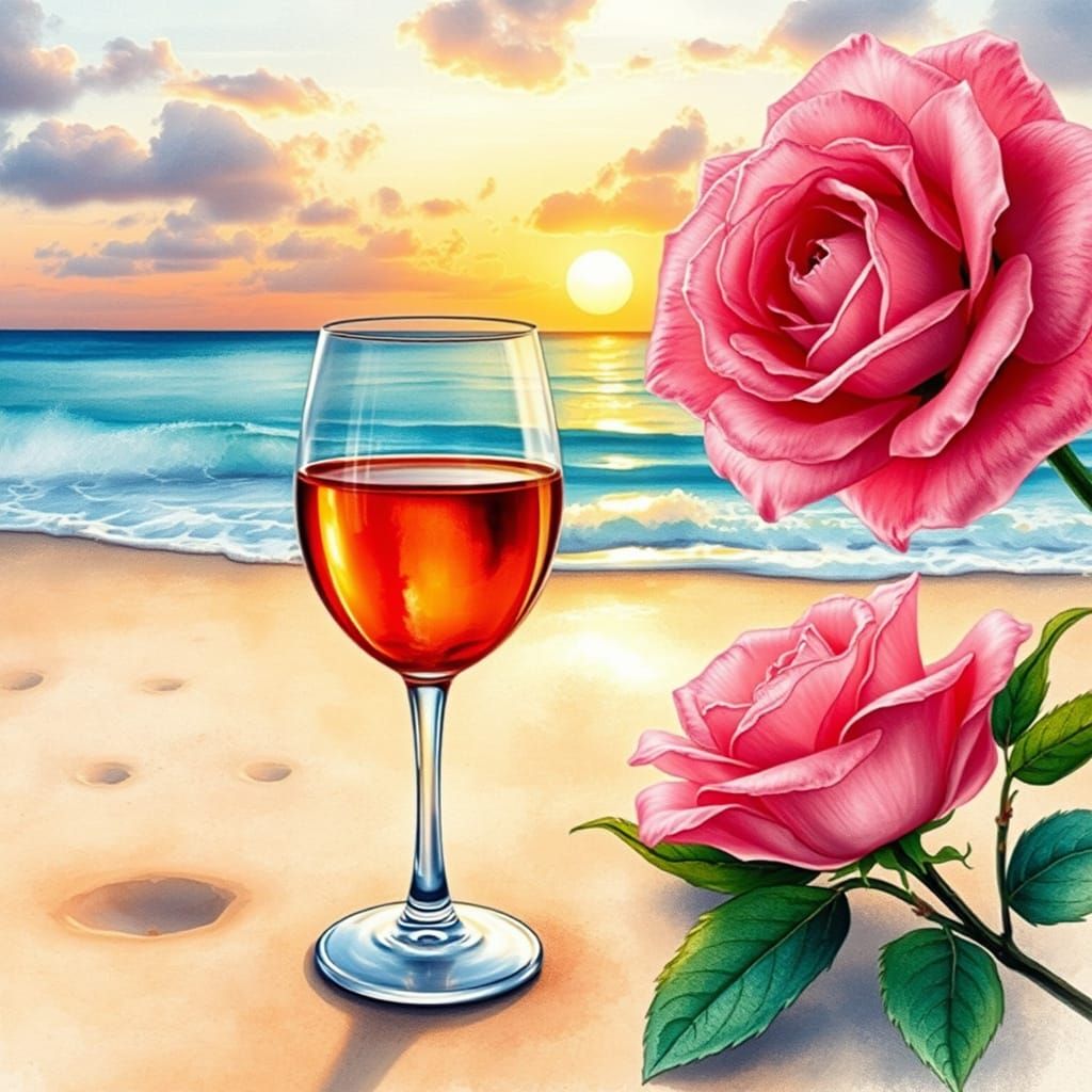 Surreal Watercolor of Sunset Beach with Wine and Rose