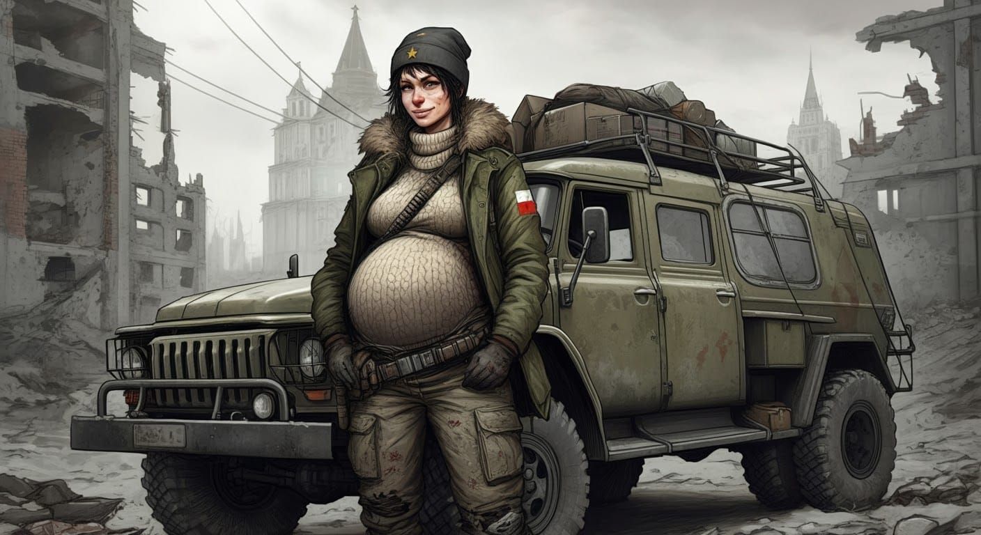 Post-Apocalyptic Pregnant Nomad in Moscow Ruins