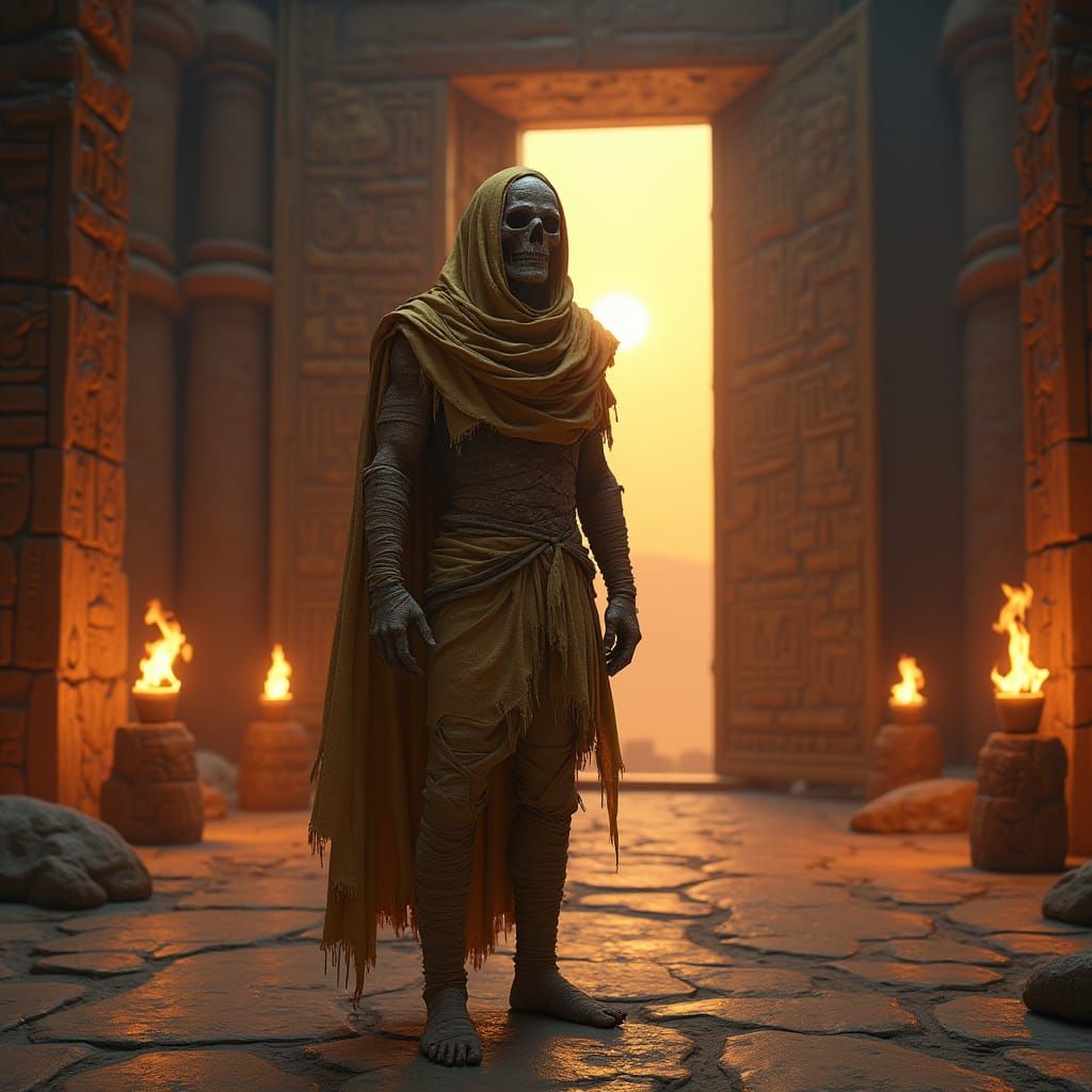 Golden Mummy Emerges from Ancient Temple in Desert Sunset